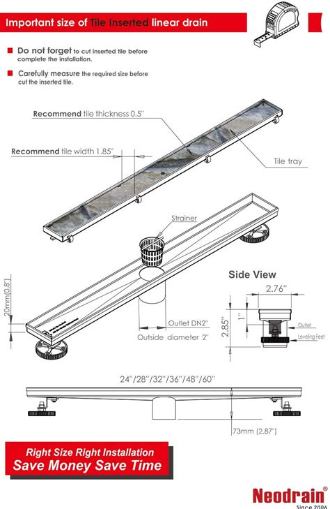 Neodrain 36 Inch Linear Shower Drain With Tile Insert Grate