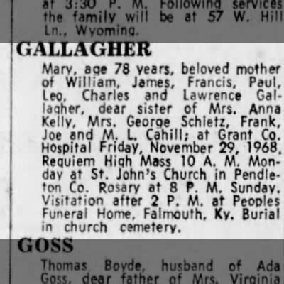 Obituary For Mary Gallagher Aged Newspapers