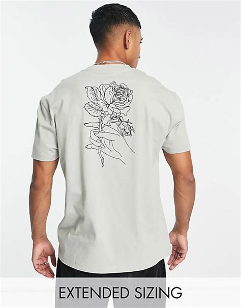 Asos Design Relaxed T Shirt In Gray With Floral Outline Back Print Asos