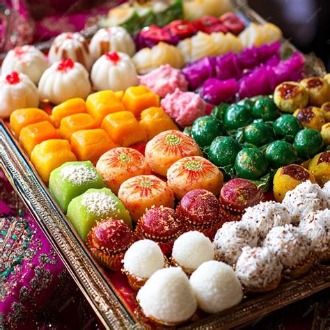 colorful display  indian sweets including gulab jamun rasgulla
