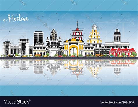 Medan indonesia city skyline with color buildings Vector Image