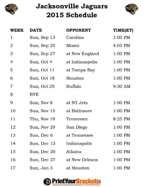 Printable Jacksonville Jaguars Schedule - Printable Word Searches