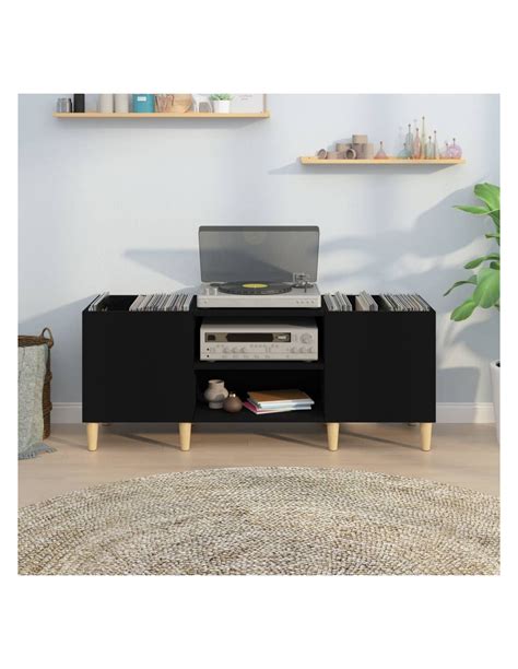 Meuble Platine Vinyles Noir Avec Rangement Vinyles Pieds Scandi Ciel