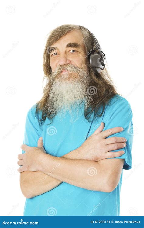 Senior Man Listening To Music In Headphones Old Man With Beard Stock