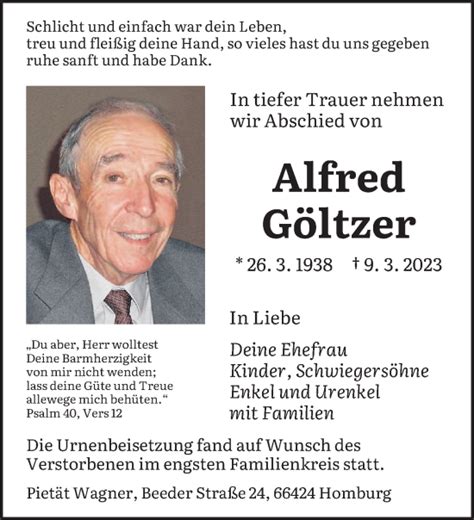 Traueranzeigen Von Alfred G Ltzer Saarbruecker Zeitung Trauer De