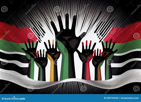 An Abstract Illustration Of Diverse Raised Hands On An Isolated Pan African Flag Colors