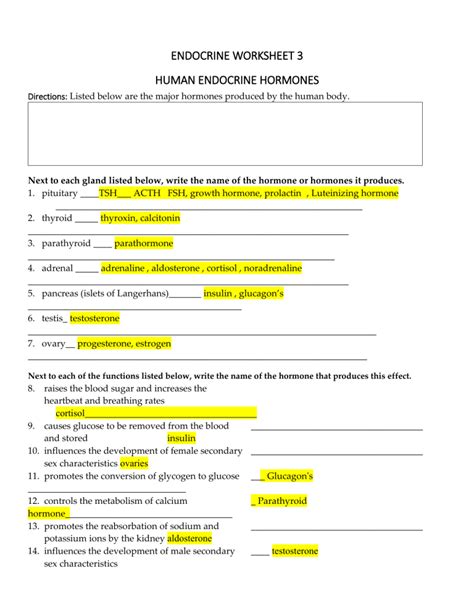 Human Endocrine Hormones Worksheet