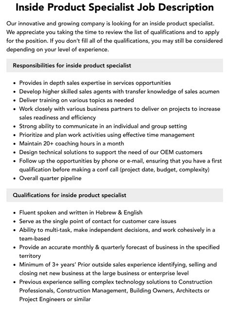 Inside Product Specialist Job Description Velvet Jobs