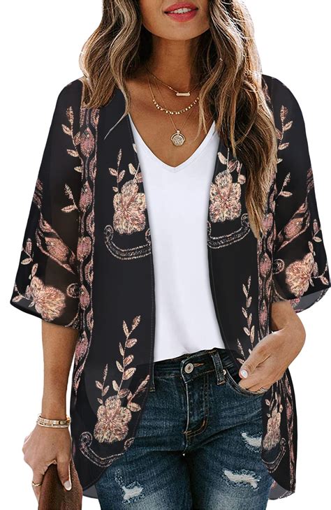 Women S Floral Print Puff Sleeve Kimono Cardigan Loose Cover Up Casual