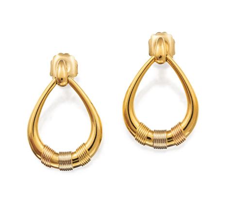 Cartier Tri Color Gold Earrings With Open Work Pear Shaped Hoops Earrings Jewellery