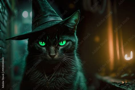 ภาพประกอบสตอก Eine schwarze Katze im Hexenhut Ein mystisches Bild