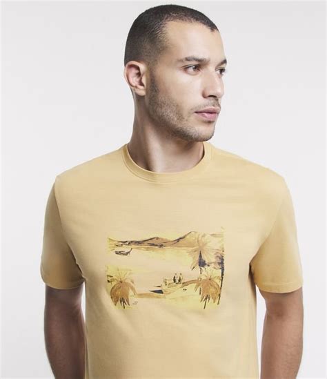 Camiseta Comfort Em Meia Malha Estampa De Paisagem Marrom