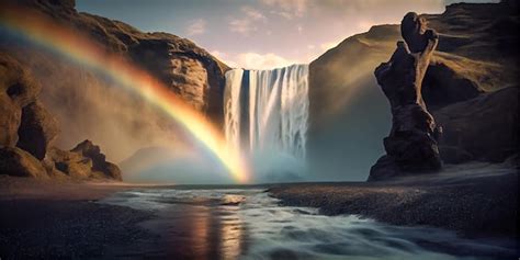 Amanecer Skogafoss Koga Cascada Con Arco Iris En Islandia Foto Premium