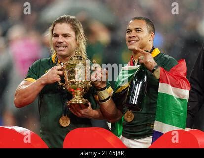 South Africa's Cheslin Kolbe and Faf de Klerk on the podium after ...