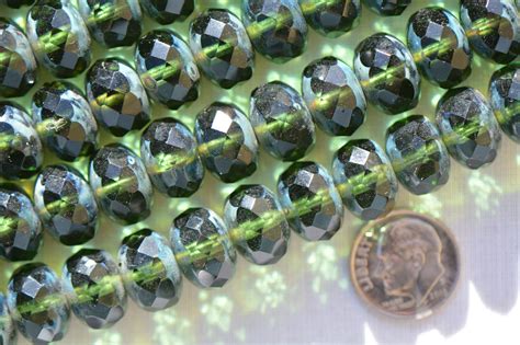 8 Czech Fire Polished 9x14mm Rondell Trans Forest Green Picasso