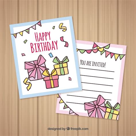 Tarjeta de feliz cumpleaños con regalos en estilo hecho a mano Vector