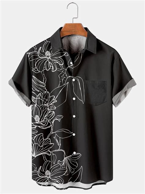 Mens Floral Print Casual Breathable Chest Pocket Short Sleeve Hawaiian