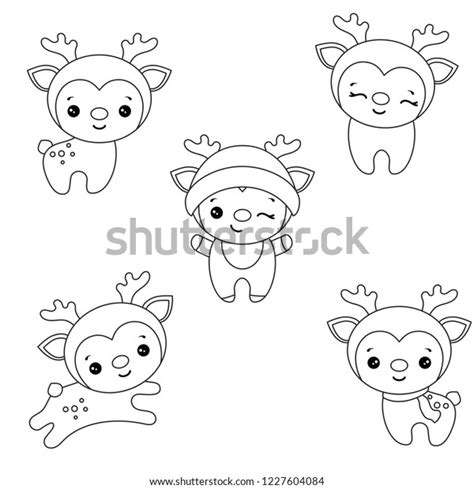 Set Of Cute Cartoon Reindeer Coloring Book