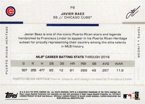 2019 Topps X Lindor Puerto Rican Heritage P9 Javier Baez Trading