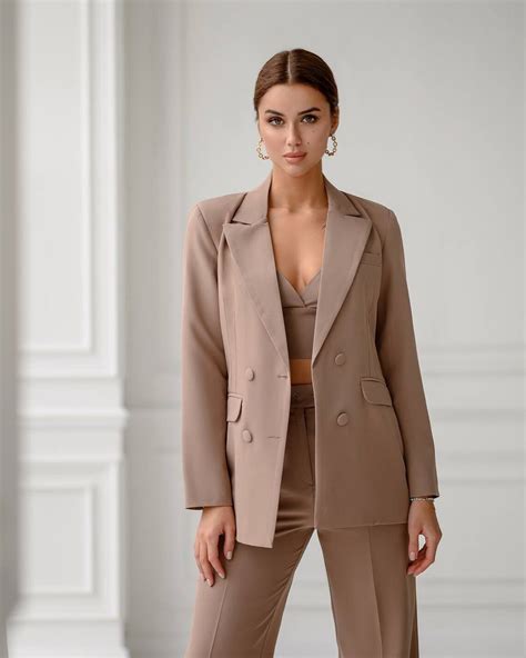 Beige Mocco Blazer Trouser Suit For Women Dark Beige Pantsuit Etsy