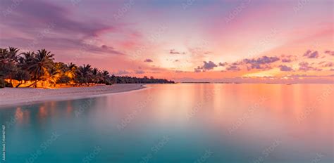 Beautiful panoramic sunset tropical paradise beach. Tranquil summer ...