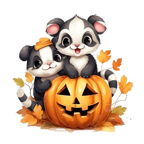 Feliz Halloween Dibujos Animados Lindo Gato Rata Y Panda En Calabazas