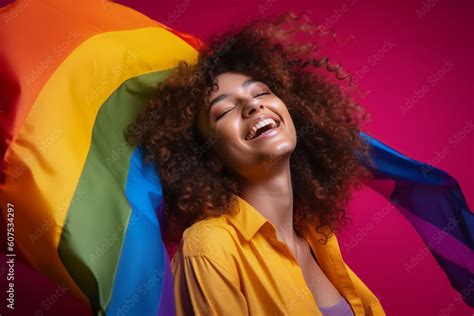 Expressive Generative Ai Pride Photo Of Lesbian Woman With Rainbow Flag Patterns Inclusive