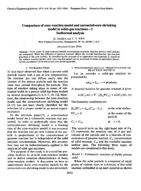 PDF Comparison Of Zone Reaction Model And Unreacted Core Shrinking