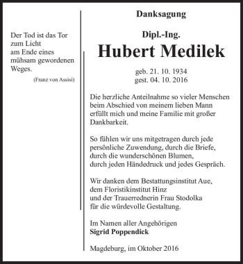 Traueranzeigen Von Hubert Medilek Abschied Nehmen De