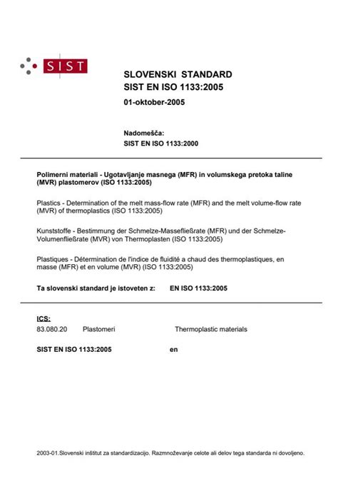 EN ISO 1133 2005 Plastics Determination Of The Melt Mass Flow Rate