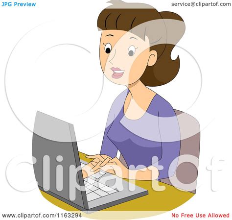 Cartoon Of A Happy Female Author Blogger Or Student Typing On A Laptop