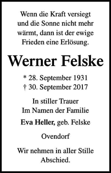 Traueranzeigen Von Werner Felske Trauer Anzeigen De