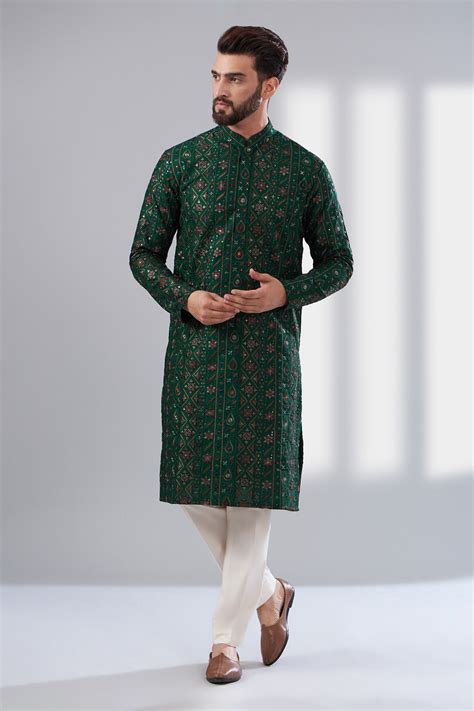 Buy Green Silk Embroidered Thread Work Floral Kurta For Men By Kasbah