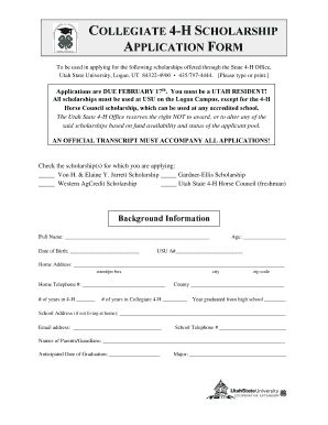 Fillable Online Utah4h COLLEGIATE 4 H SCHOLARSHIP APPLICATION FORM Fax