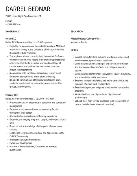 Department Head Resume Samples Velvet Jobs