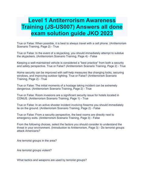 SOLUTION Level 1 Antiterrorism Awareness Training Js Us007 Answers All