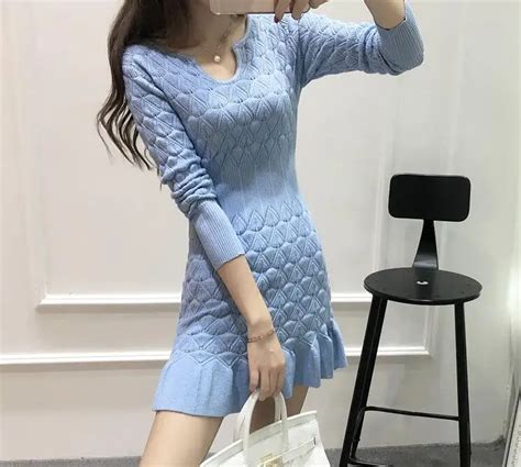 Autumn Winter New Sexy Long Sleeve Knee Length Knit Sweater Office