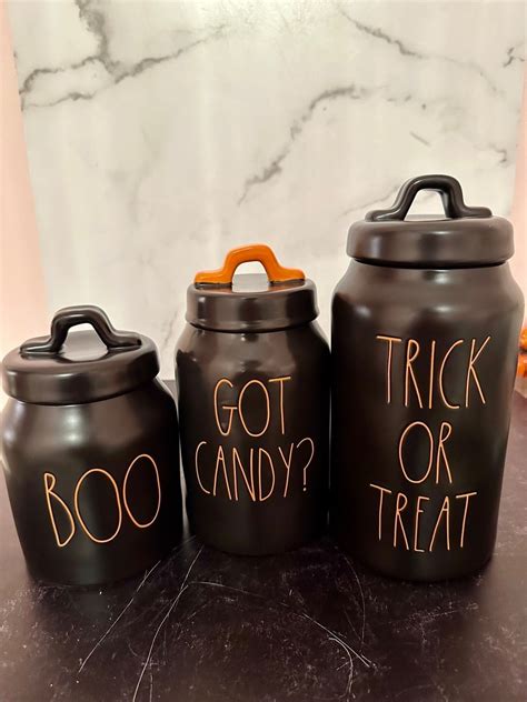 Rae Dunn New Halloween Canisters Black With Lids BOO AND HAPPY