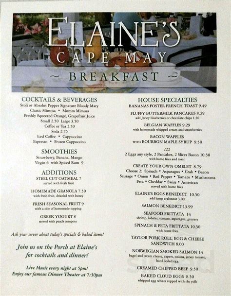 Elaines Cape May Menu In Cape May New Jersey Usa