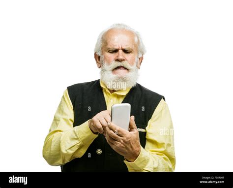 Old Active Bearded Man With Mobile Phone Isolated On White Background