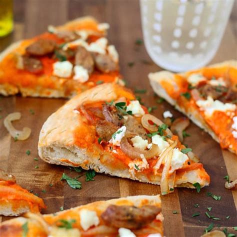 Roasted Red Pepper Pizza With Goat Cheese And Chicken Sausage