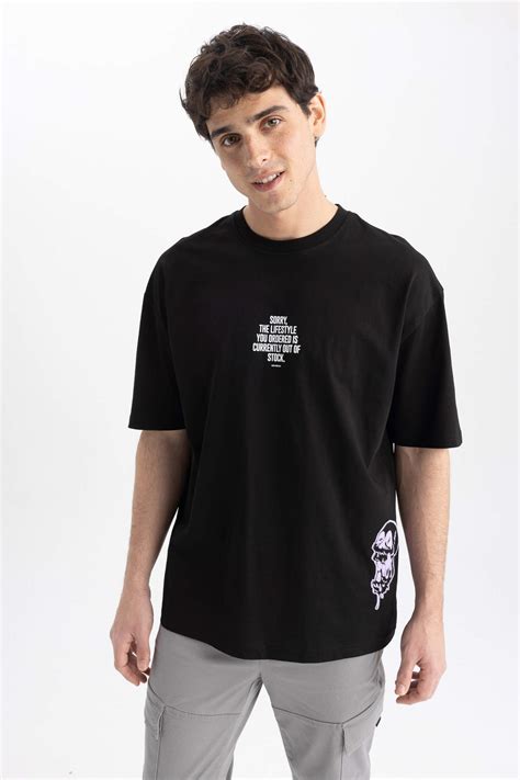 Black Men Oversize Fit Crew Neck Printed T Shirt Defacto