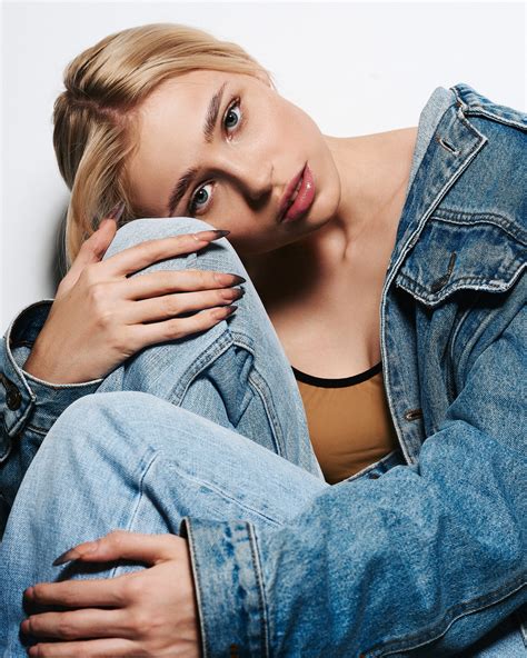 Evgenyi Demenev Women Blonde Blue Eyes Denim Jacket Simple Background