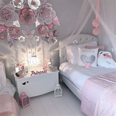 Pretty Grey And Pink Girls Bedroom With Beautiful Paper Flowers On The