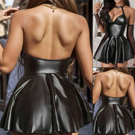 Robe Lingerie Femme A Line Cuir Pu Noir Look Humide Bodycon Pour