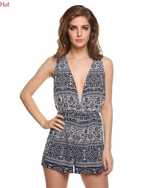 2017 Sexy Rompers Womens Jumpsuit Summer Strap Geometrical Print Cross Backless Playsuit V Neck