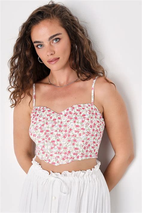 Ivory Floral Print Top Bustier Crop Top Sleeveless Crop Top Lulus