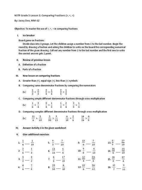 Lesson Plan For 5th Grade Math Fractions