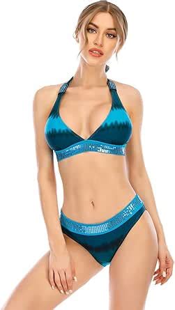 Amazon Blue Plus Size XL Lace Up Women Swimwear Sets Sexy Bikini Top Separate Swimsuit Sea