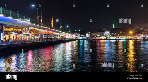 Galata Bridge At Night Food Stalls On Bridge Golden Horn Bosphorus